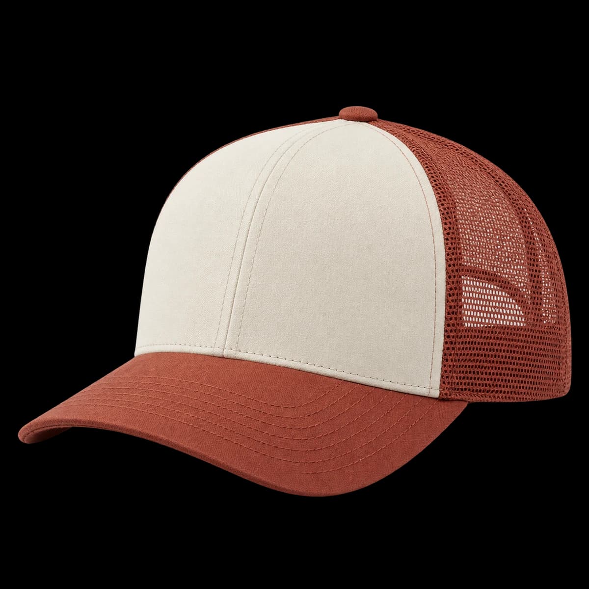 Isolated cream and rust mesh trucker cap