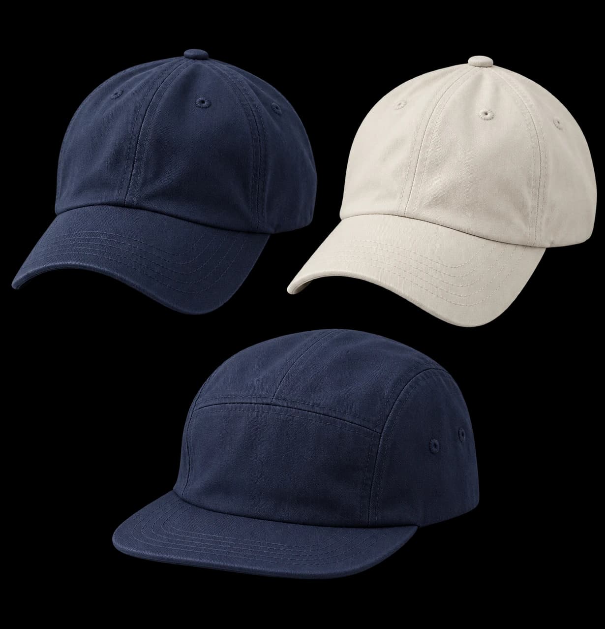 Generated construction study: navy and cream baseball caps alongside a navy five-panel cap; three separate style and color combinations