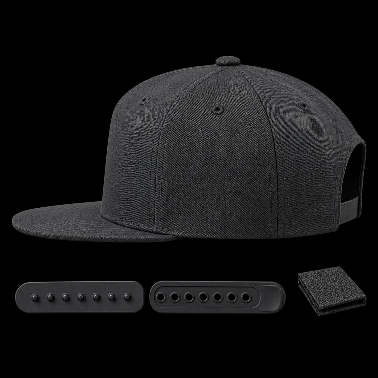 Generated construction study: flat-brim structured crown, snap closure and reinforcement