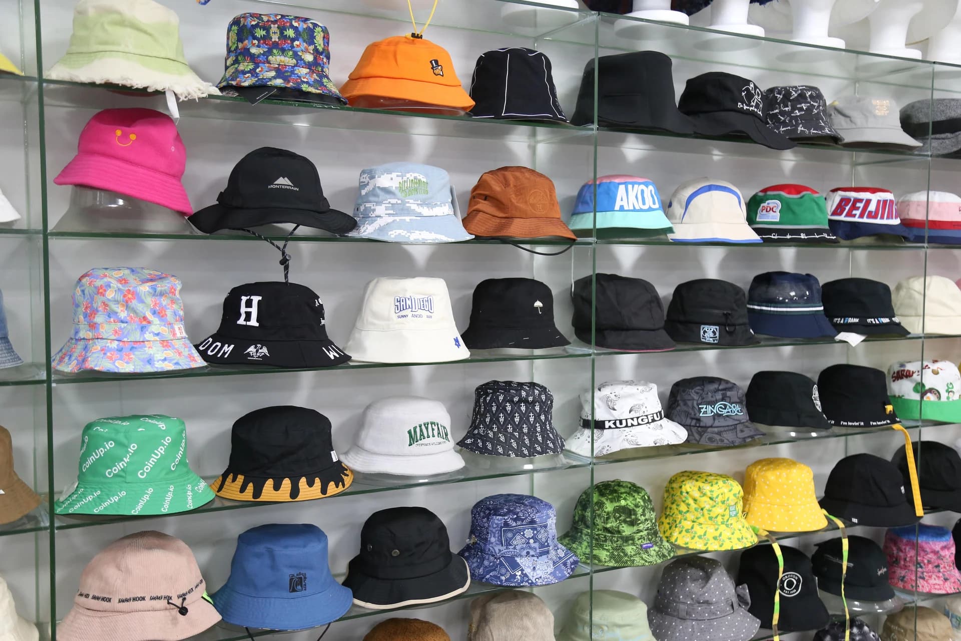 Bucket hat samples in different fabrics and colors