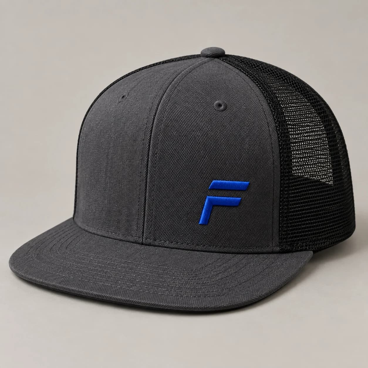 AI-generated flat-brim trucker design reference illustrating defined crown / flat brim