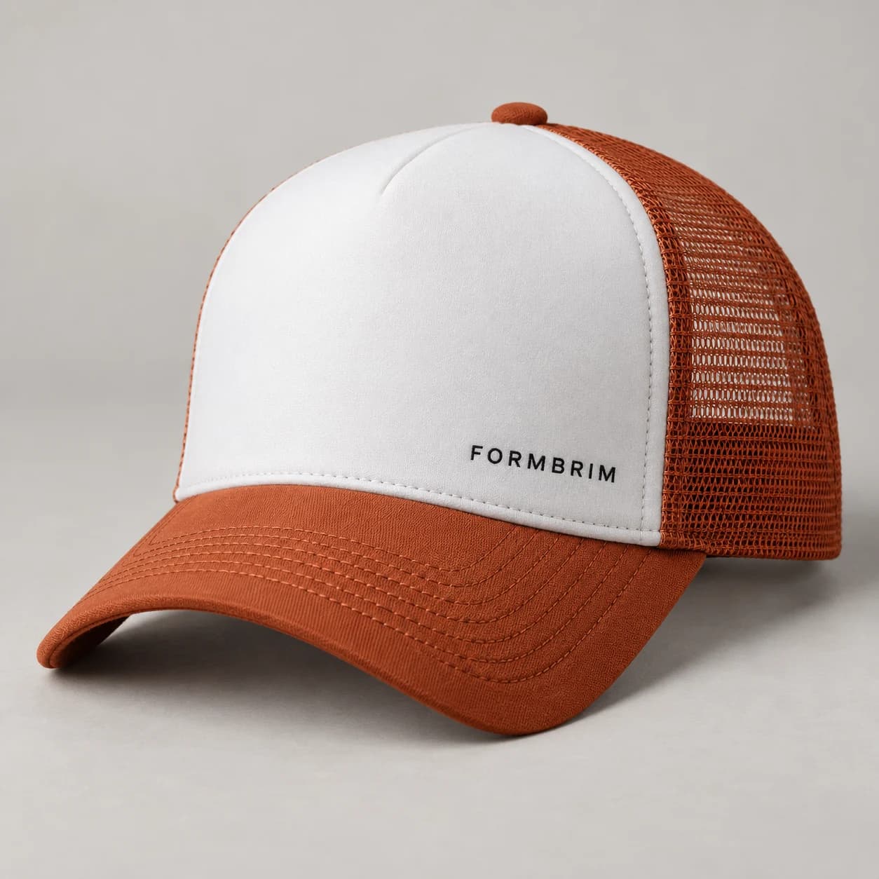AI-generated foam-front trucker design reference illustrating broad front / mesh rear