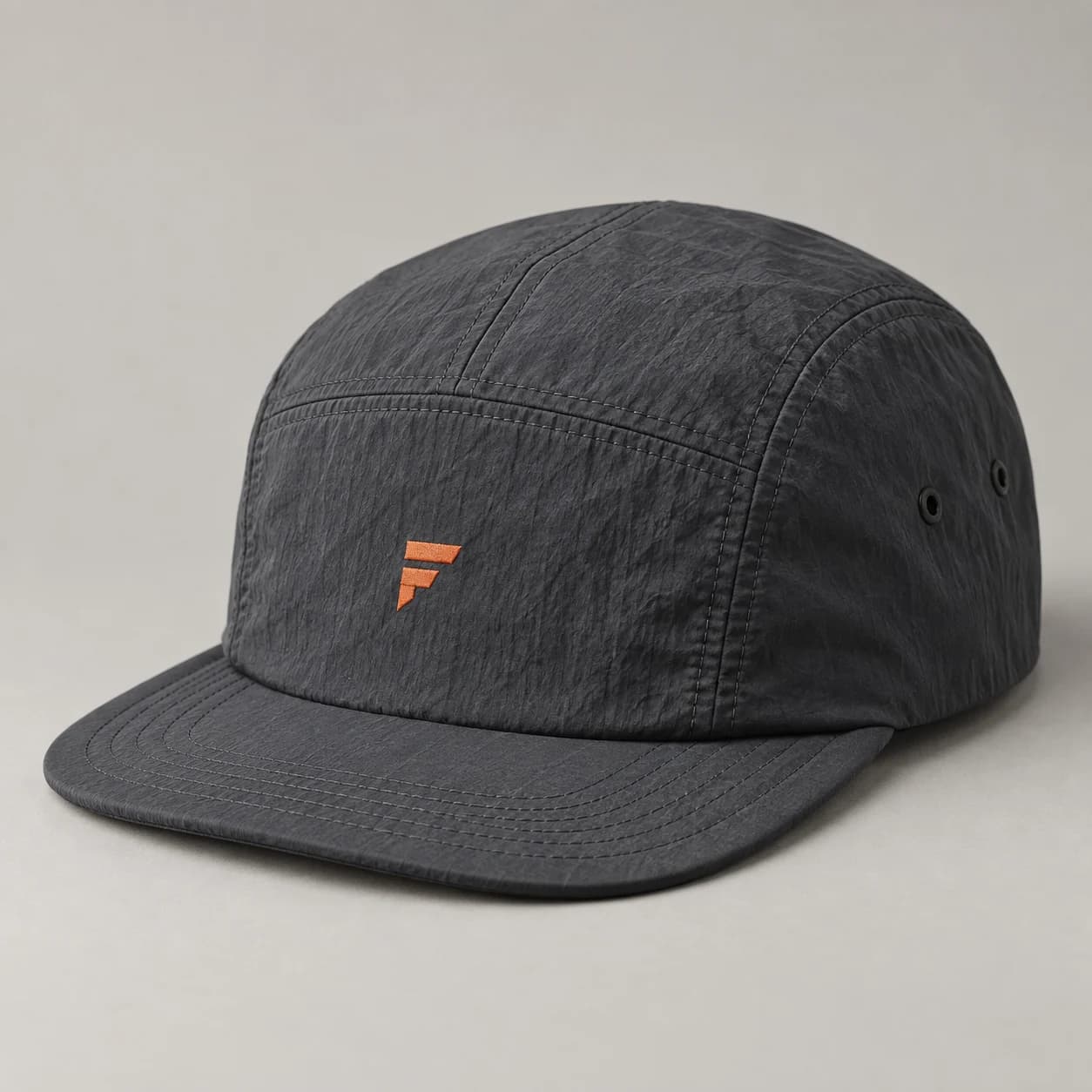 AI-generated nylon camp cap design reference illustrating low camp profile / compact brim