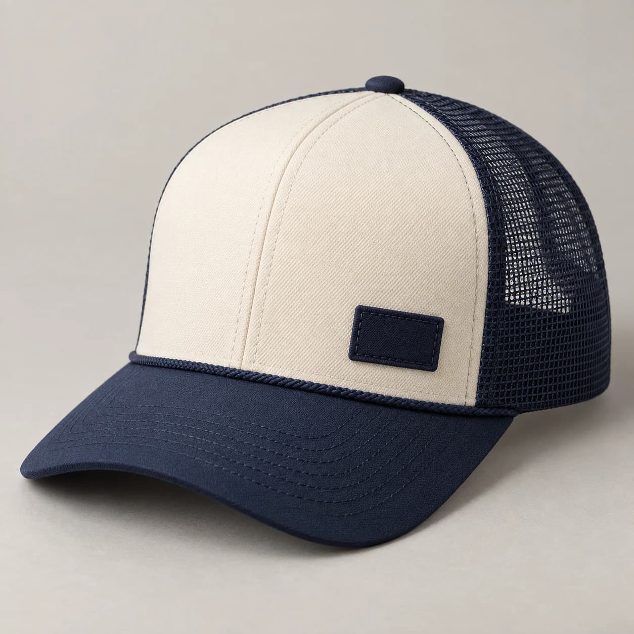 AI-generated rope trucker design reference illustrating accent-front / curved brim