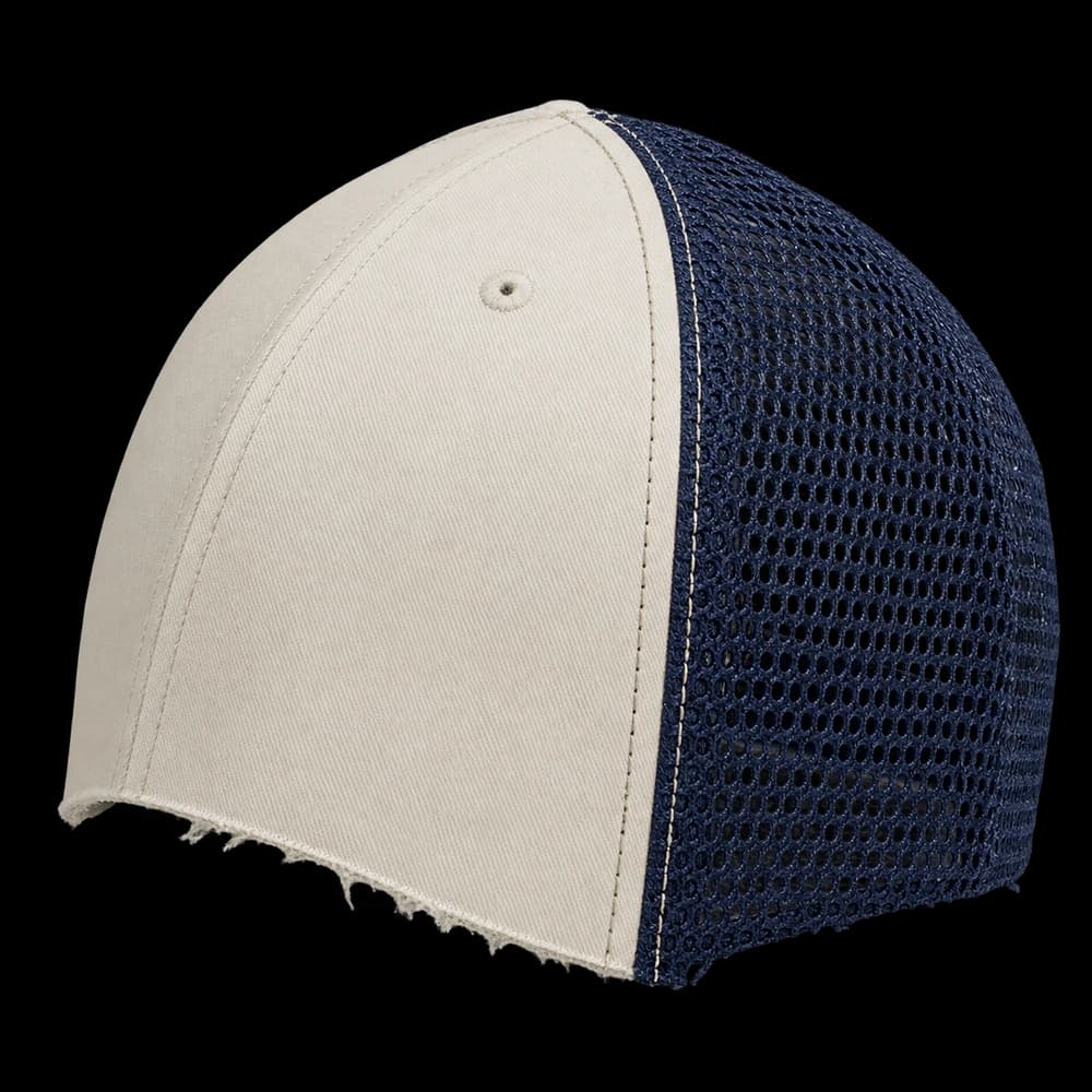 Illustrative cotton front and mesh junction with visible joining stitches