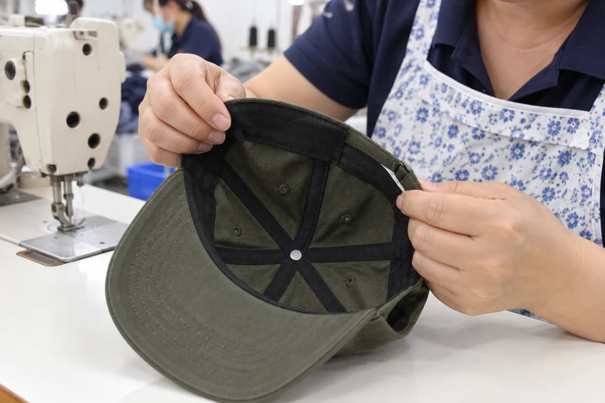 Illustration of hands opening an olive cap to inspect the sweatband and internal seam tape
