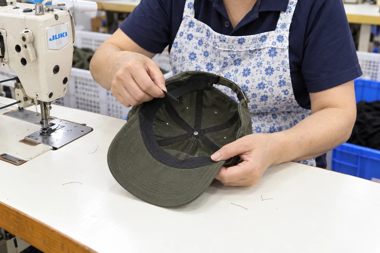 Reference-based illustration of a worker checking a cap sweatband and internal seams
