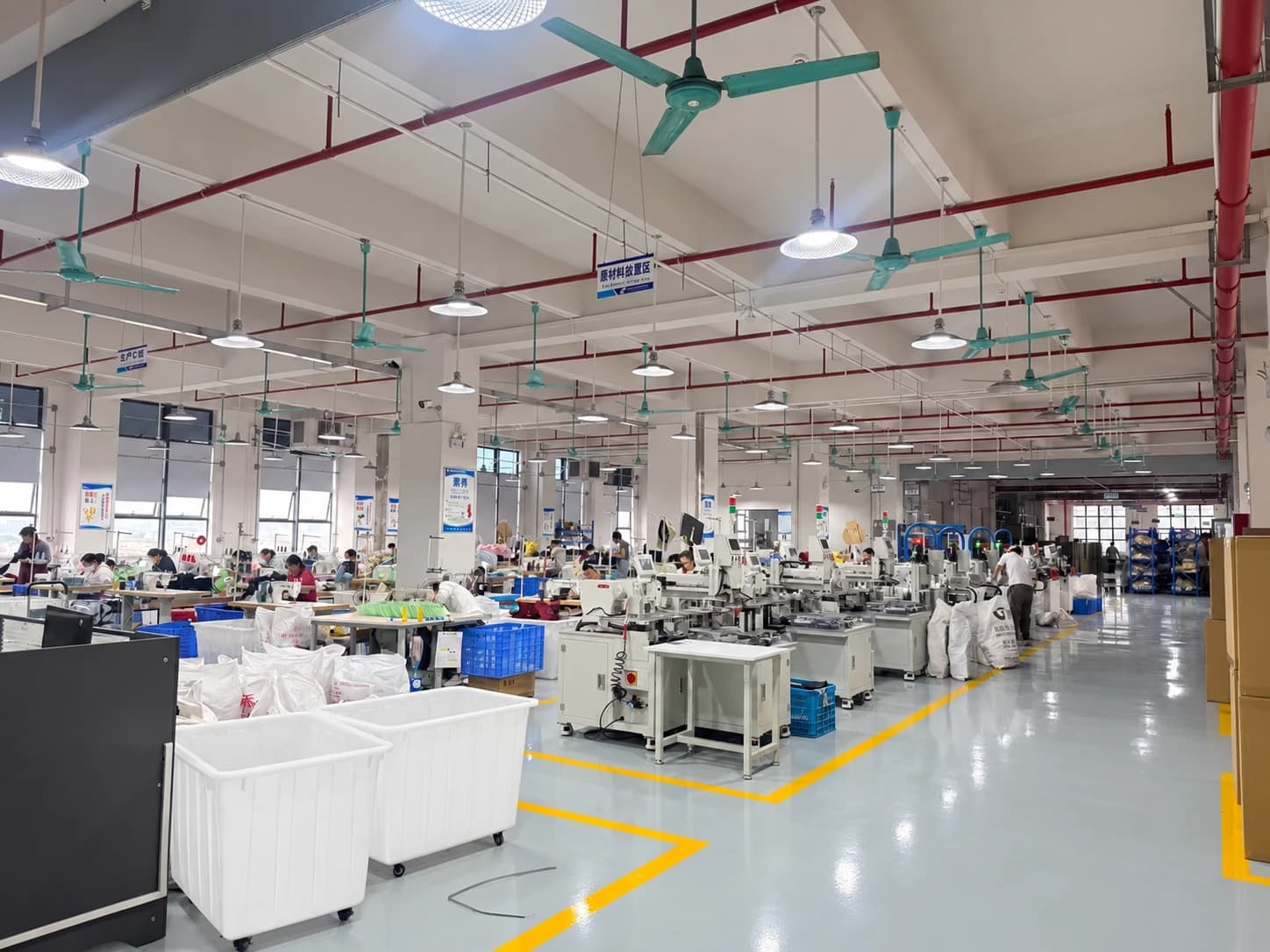 Sewing workstations across a factory floor