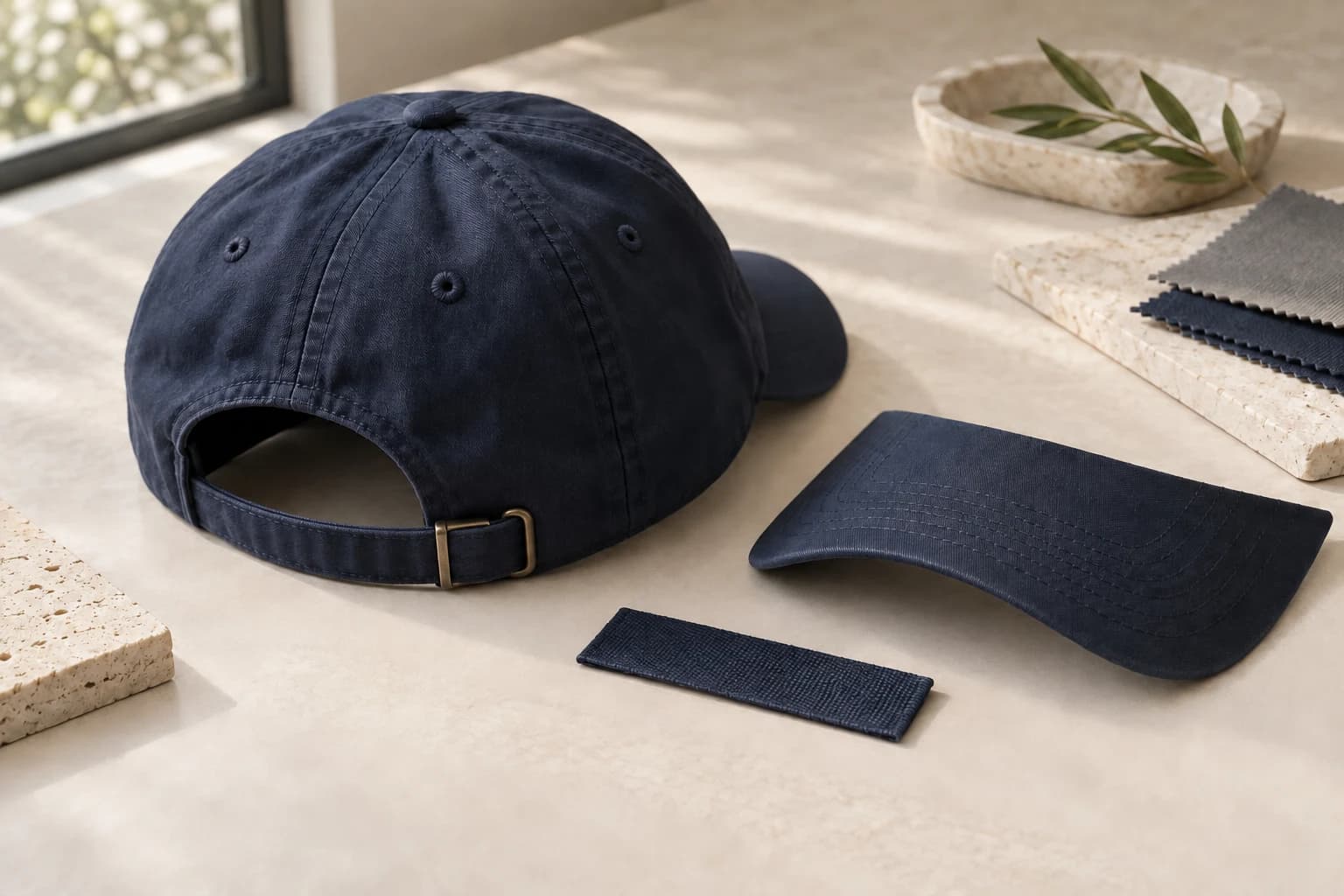 Illustrated baseball cap sample review with closure, brim and label references